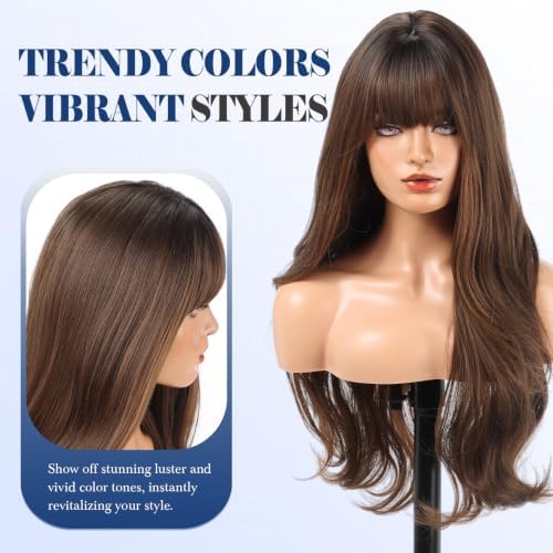 HAIRCUBE Long Wig with Bangs Layered Curly Wigs for Women Natural Synthetic Wigs for Daily Use (#4/27 pelucas de cabello natural) - Image 5
