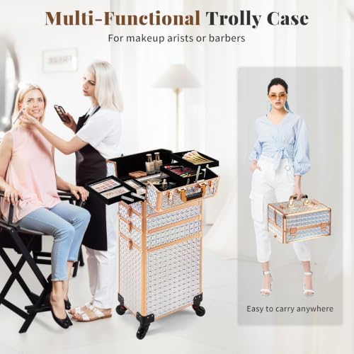 AROUS 5 in 1 Rolling Makeup Train Case with Lid Cosmetology Case on Wheels - Image 6