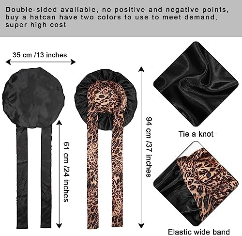 CHLINS Satin Bonnet Silk Sleep Cap for Women - Stretchy Tie Band Hair Cap for Curly Hair - Silk Wrap (Black+Leopard Print) - Image 3