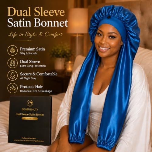 Isshin Beauty Satin Hair Bonnet for Sleeping Women: Dual Sleeve 2 in 1 Long Hair Protector Anti Frizz Sleep Cap - Image 6