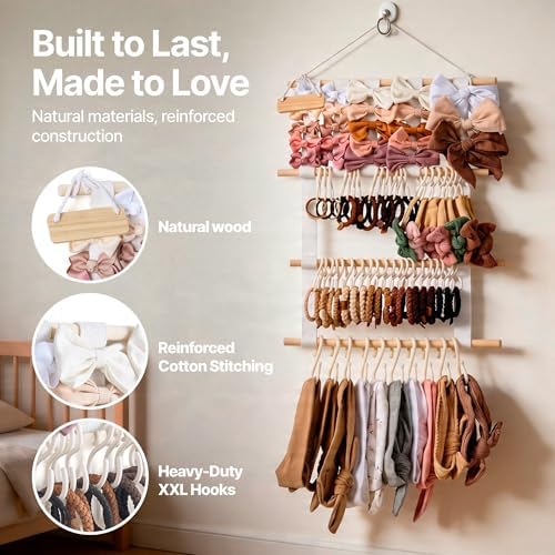 Bow Holder for Girls Hair Bows, Hair Bow Organizer, Headband Holders, Hanger Wall, Clip Organizer, Ribbon Storage for BabyGirl Nursery Wall Decor - Nametag, XXL Hooks, Stickers included - White - Image 5
