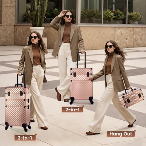 Frenessa Rolling Makeup Train Case 3 in 1 Professional Cosmetic Trolley Large Storage with keys Swivel Wheels Salon Barber Case Traveling Cart Trunk for Make Up Nail Tech - Vintage Rose Gold - Image 4