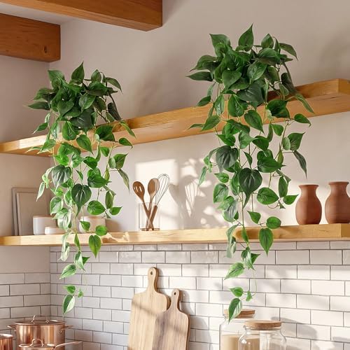 Fake Hanging Plants with Pots - Realistic Artificial Plant for Indoor Outdoor, 33In Silk Fake Potted Plants, 2PC Faux Ivy Vine for Shelf Tabletop Office Decor, Dark Green by Unknown