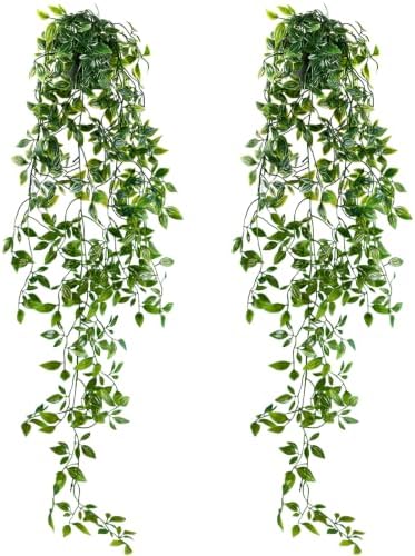 LOYWREE 2 Pack Artificial Hanging Mandala Plant with Pot Faux Plants Indoor Fake Small Potted Plant 28.7-in Long Faux Vine Shelf Decor Ideal for Indoor Outdoor Home Office Decoration (Black Pot) by LOYWREE