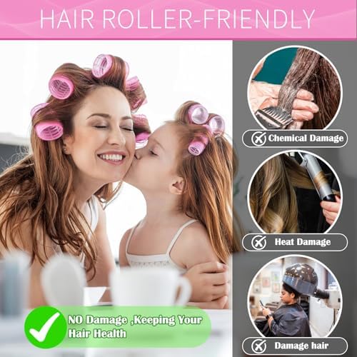 Hair Rollers, 12 Pack Self Grip Salon Hairdressing Curlers, DIY Curly Hairstyle, Large Rollers 1.57In Pink - Image 4