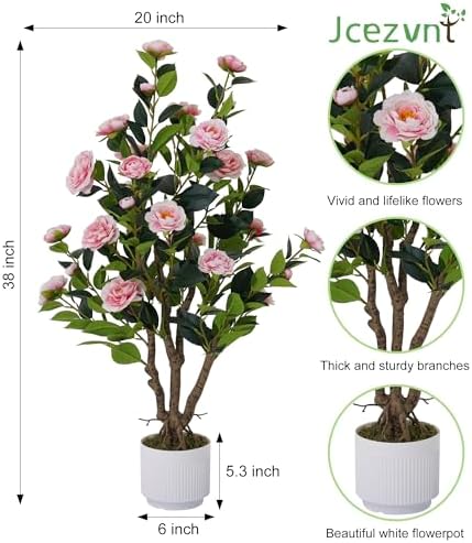 2 Pack Artificial Camellia Tree with White Pot, 38" Faux Potted Plants for Indoor Outdoor Decor, Tall Silk Greenery Plant for Home Offce Living Room Balcony, Pink - Image 3