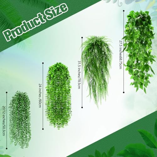 Daifunli 24 Pcs Artificial Hanging Plants Fake Hanging Ferns Plastic Faux Plants for Wall Room Garden Garland Indoor Outdoor Decor No Basket (Boston,Eucalyptus,Ivy Vine,String of Pearls) - Image 2