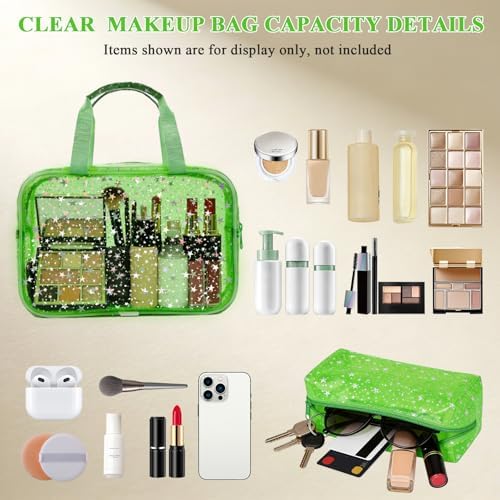 2PCS Clear Star Print Waterproof Makeup Bag, Lagre PVC Cosmetic Pouch with Zipper, Travel Toiletry Organizer for Women, Small Personal Item for Travel, Business Trip, Gym & Daily Use (Green) - Image 3