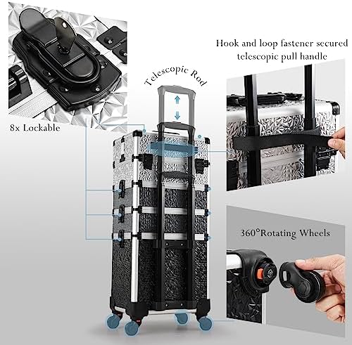 Stagiant Rolling Makeup Train Case Cosmetology Case on Wheels 4 in 1 Large Cosmetic Case with Wheels Makeup Travel Case with Keys Nail Kits Organizer Artist Salon Storage Traveling Cart Trunk Tricolor - Image 6