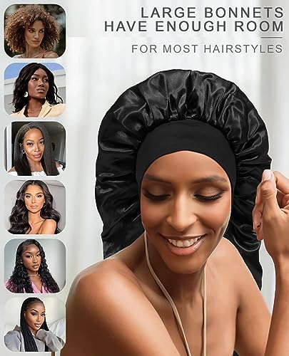 AWAYTR 2-Layer Satin Bonnet for Braids, Wide Band Long Sleep Cap Black - Image 4