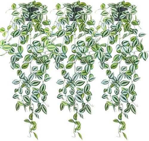 LOYWREE 3 Pack Fake Hanging Plants - Small Potted Plants with Green Eyebrow-Leaf Trailing Vines, Indoor Outdoor Aesthetic Decor for Office, Living Room Shelf & Home Accent (Black Pot) by Unknown