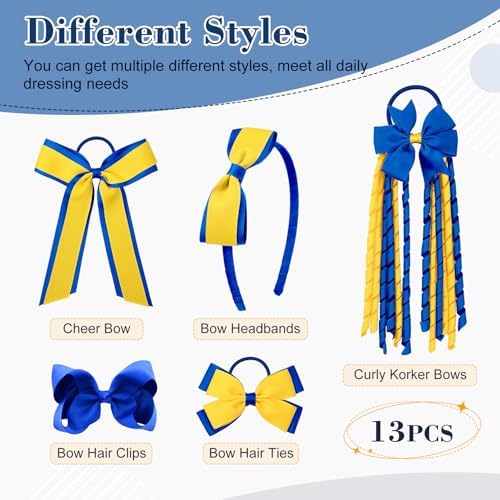 DEEKA 13 PCS Uniform Hair Accessories Set Yellow & Royal Blue Hair Bows Hair Clips Headband Hair Ties Curly Korker Bows for Little Toddler School Girls - Image 2