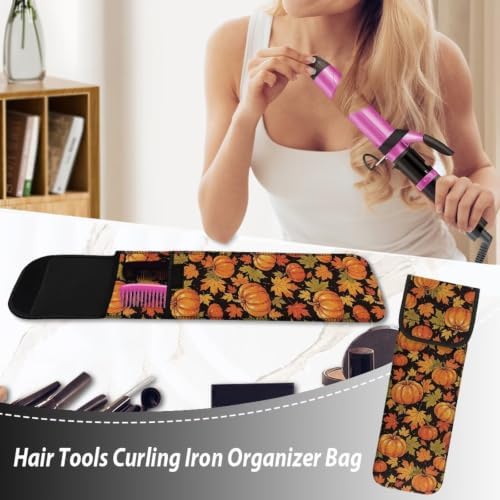 Yellow Thanksgiving Pumpkin Curling Iron Holder Heat Resistant Neoprene Curling Iron Cover Bag with Pocket Curling Iron Organizers and Storage for Hair Straightener, Curling Iron, Flat Iron - Image 5