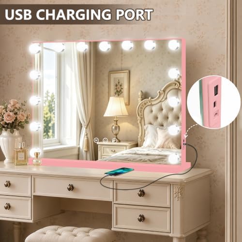 Ratsamee Pink Hollywood Vanity Mirror with Lights, 15 Dimmable Bulbs, 3 Color Lights,Make Up Lighted Mirror, Aluminum Metal Frame, USB Charging Port（23" x 18"） - Image 5