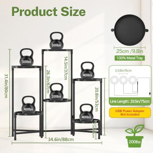 6 Tier Large Plant Stand with Grow Light, 10 Inch Tray, Black - Image 2