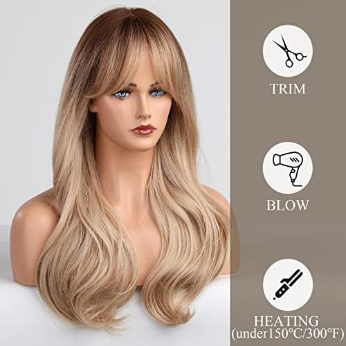 HAIRCUBE Long Blonde Wigs for Women Wave Curly Wig with Bangs Natural Brown Roots Synthetic Wigs for Daily Use Cosplay - Image 4