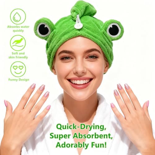 2-Pack Frog Hair Turbans, Super Absorbent Microfiber Hair Towels for Long Hair, Quick Dry, Cute Animal Design, Gift for Women Girlfriend Bestie - Image 5