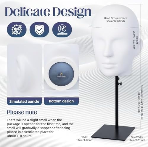 Mannequin Wig Head with Adjustable Stand – Wig Display Head for Wigs, Hats, Caps, Headdress, Salon Styling or Home Display 22.83" Circumference Head (White) - Image 4