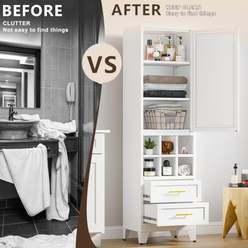 67" Tall Metal Pantry Cabinet, Narrow Freestanding Storage Cabinet, White - Image 6