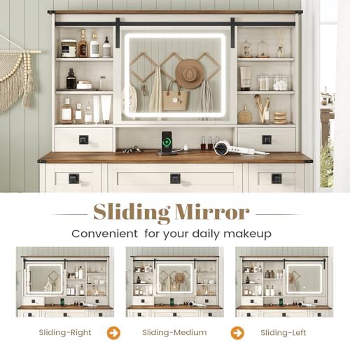 AOGLLATI Farmhouse Makeup Vanity Desk with Lights & Charging Station,Vanity Desk with Mirror and Lights, 47.2” Large Brown Vanity Table with Ample Storage Space and Sliding Mirror (Antique White) - Image 3