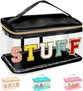 Chenille Letter Clear Makeup Bags Stuff Pouch, Preppy Patch Makeup Bag Zipper with Handle, Transparent PVC & Nylon Waterproof Glitter Cosmetic Handbag Travel Toiletry Storage for Women(STUFF-Black) by izuzta