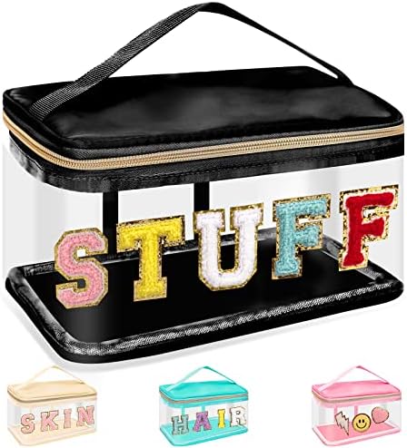 Chenille Letter Clear Makeup Bags Stuff Pouch, Preppy Patch Makeup Bag Zipper with Handle, Transparent PVC & Nylon Waterproof Glitter Cosmetic Handbag Travel Toiletry Storage for Women(STUFF-Black) by izuzta