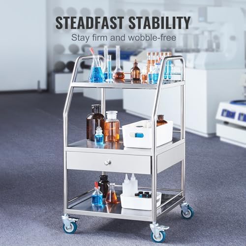 VEVOR Stainless Steel Utility Cart with 3 Shelves & 1 Drawer, 360 Swivel Casters, 220lbs Capacity - Image 4