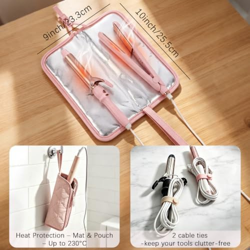 Hair Tools Travel Bag 5-Piece Set with Heat Resistant Mat Insulated Pouch and 2 Cord Straps, Large Fabric Organizer for Hot Brush Curling Iron Flat Iron Hair Dryer, Available in Pink - Image 6