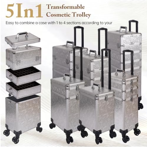 5 in 1 Rolling Makeup Train Case Professional Cosmetic Trolley Large Storage Organizer on Wheels for Hairstylist Artist Nail Beauty Salon Barber Silver - Image 5