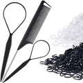 Topsy Tail Hair Tool Set by IKOCO - 400pcs Hair Bands, 2pcs Loop Styling Tools, Rat Tail Comb, (200pcs Each) Clear and Black Elastics by Shineforyourbeauty