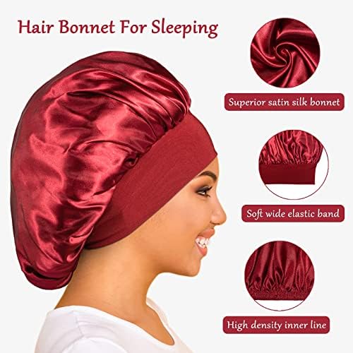 Satin Bonnet Silk Bonnet Hair Bonnet for Sleeping- 4 Pack Sleep Bonnets for Women with Wide Elastic Band for Curly Hair Braids - Image 3