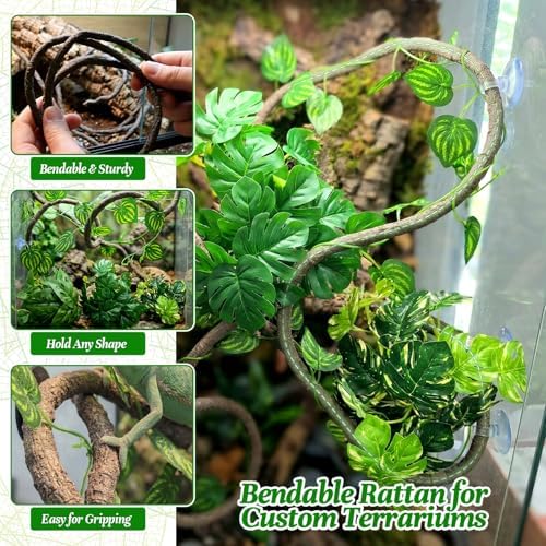 5 Pcs Reptile Plants & Habitat Decor Kit - 3 Artificial Plants & Large 5ft Jungle Vine Branch, Amphibian Habitat Hideout Tank Decorations fit Crested Gecko Leopard Lizard Chameleon Ball Python Frog - Image 6