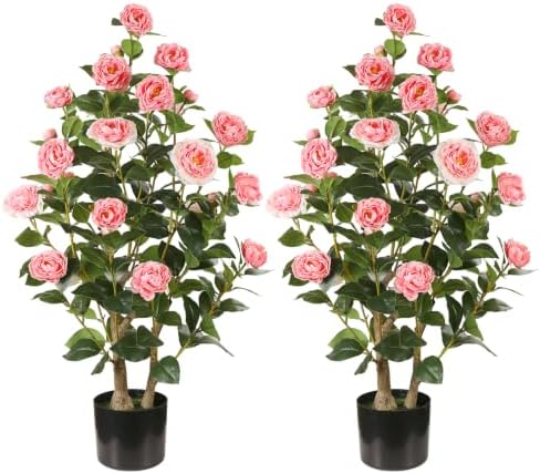 Artificial Camellia Tree, 3FT, Pink Flowers, 2 Pack by Gicbzkoz