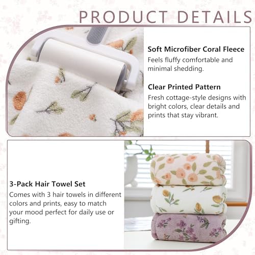3 PCS Hair Towel Wrap Cute Pastel Floral Print Microfiber Fleece Hair Drying Towel Cap Soft Quick Dry for Women Bath Spa (Flower) - Image 5