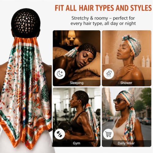 2 in 1 Wrap Cap Hair Net and Scarf for Silk Press, Satin Wrap Cap Bonnet for Women, Adjustable Stay-On Sleep Hair Net Scarf for All Hair Types (Orange, One Size) - Image 5