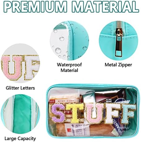 Iqimott Clear Patch Makeup Bag Stuff Pouch, Preppy Personalized Chenille Letter Cosmetic Pouch for Travel, Nylon Waterproof Organizer Travel Essentials Zipper Toiletry Bags for Women Girls(Green) - Image 3
