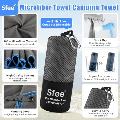 Sfee 2 Pack Microfiber Travel Towel, Quick Dry Camping Towel Large Beach Towel Super Absorbent Compact Lightweight Sports Gym Towels Set for Gym, Hiking, Pool, Backpacking,Bath,Yoga - Image 2