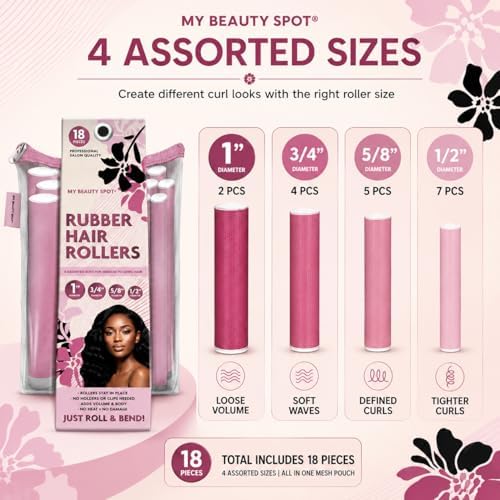 My Beauty Spot Flexi Rods Foam Hair Rollers 3/4" 5/8" and 1" Diameter Professional Salon Quality 12 Pcs Rubber Hair Rollers for Long, Medium and Short Hair (Multi-Color) - Image 3