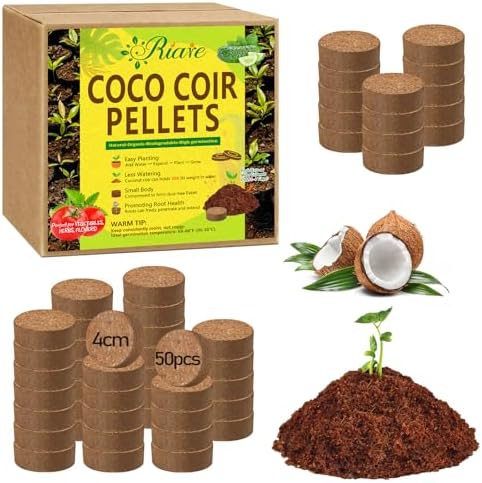 Riare 50 Pcs 40mm Organic Coco Coir Seed Starter Soil, Compressed Coconut Coir Potting Soil Mix for Seed Starting, Coconut Fiber Pellet for Planting, Vegetables, Garden, Indoor & Outdoor Plants by Riare