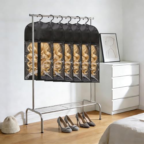 6Pcs Wig Storage Bags - with Hanger Extra Long Hair Extension Holder Carrier Case for Multiple Wigs Closet Organization Travel Salon Use Black - Image 3
