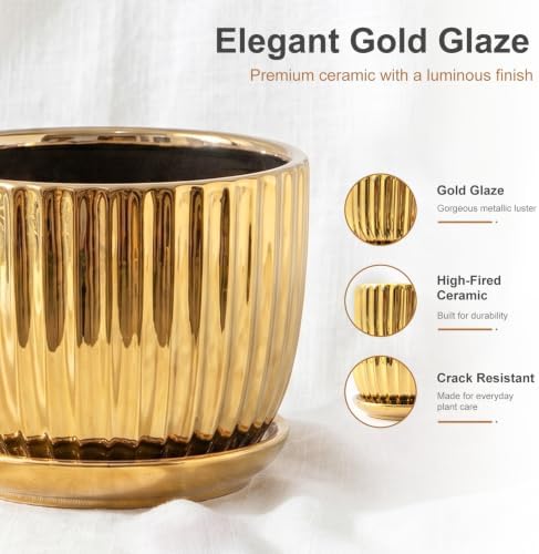 Plant Pots,Ceramic Flower Pots with Drainage Holes & Saucers Set of 3（Gold） - Image 3