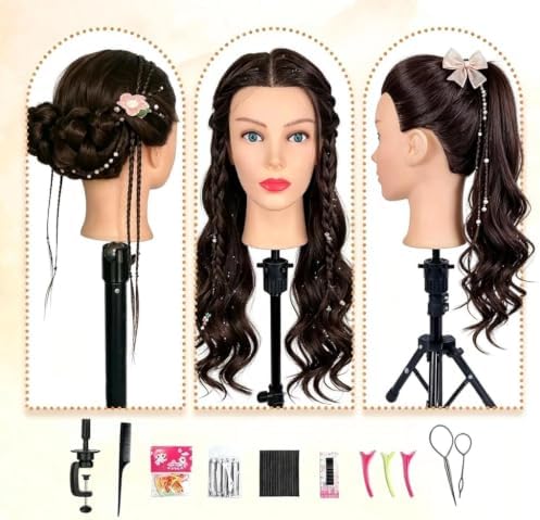 Mannequin Head Human Hair- Cosmetology Manikin Doll Head with 80% Real Hair for Kids Hairdresser Practice Styling Braiding & Free Clamp Holder (Black Brown) - Image 6