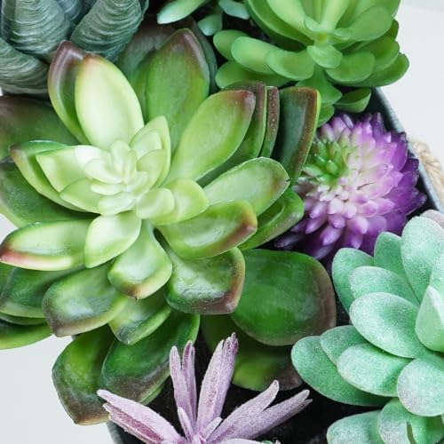 Winlyn 10" Artificial Succulent Arrangement Centerpiece Fake Succulent Plants in Rustic Metal Oval Planter Faux Potted Succulents for Home Office Bedroom Table Windowsill Shelf Mantel Decor - Image 3