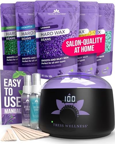 Tress Wellness Award Winning Waxing Kit for Sensitive Skin, Safe for Face & Skin, Easy to Use, At-Home Kit for Face, Bikini, Brazilian & Full Body - Digital Display, Black Purple Flower by TressWellness