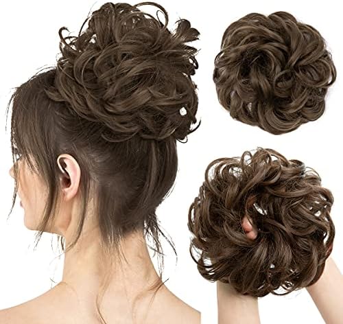 CJL HAIR Large Messy Bun Hair Piece Wavy Curly Scrunchies Synthetic Chignon Ponytail Hair Extensions Thick Updo Hairpieces for Women Medium Ash Brown by CJLHAIR