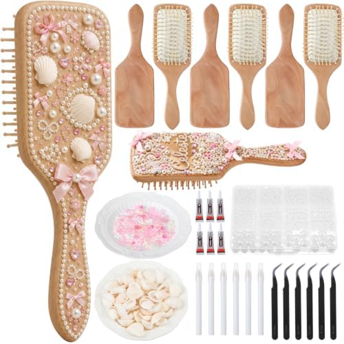 Acellegic 6 Sets Pink Heart DIY Wooden Hairbrush Craft Kit 10" White Hair Brush Make Your Own Girls Night Party Supplies with Pearl Shell for DIY Gift Wedding Birthday Valentines Party Favor by Acellegic