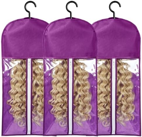 3PCS Wig Bags Storage with Hanger Wig Holder Wig Hanger for Multiple Wigs Portable Hair Extension Holder Dust-proof Hair Extension Storage Wigs Stand Hair Extensions, wigs & accessories (Purple) by AIHOPESTO