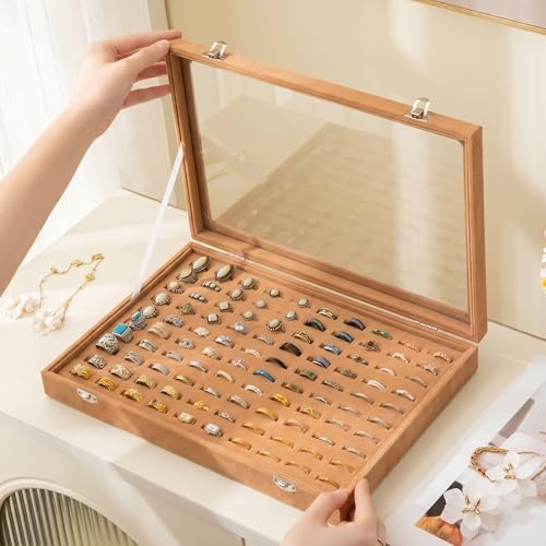 Frebeauty 100 Slots Ring Organizer Tray,Velvet Ring Box with Clear Lid - Image 2
