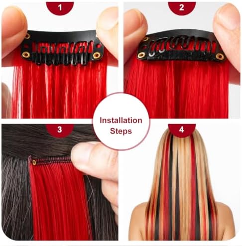 Colored Hair Extensions Clip in Red and Black Hairpiece 14 PCS - Image 5