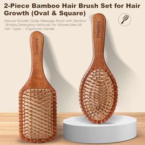 2-Piece Bamboo Hair Brush Set for Hair Growth (Oval & Square) - Natural Wooden Scalp Massage Brush with Bamboo Bristles,Detangling Hairbrush for Women,Men,All Hair Types - Ergonomic Handle - Image 2
